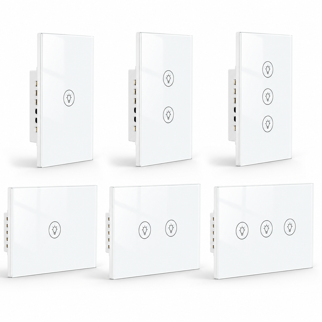 Gamme de variateurs tactiles NeoMulti Zigbee Dimmer blancs en verre, disponibles en 1, 2 ou 3 touches pour contrôler l’éclairage connecté.