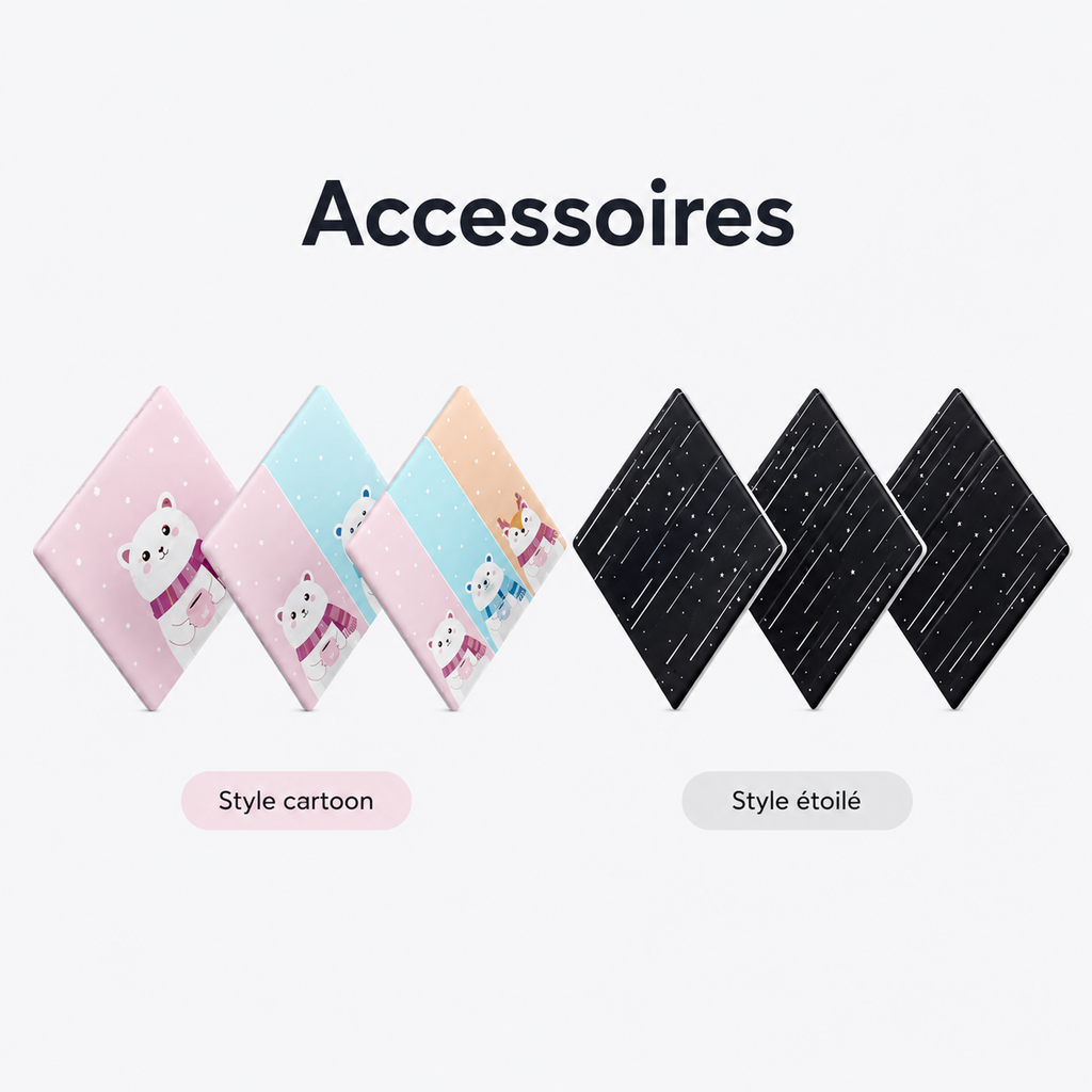 Accessoires NéoDom avec caches décoratifs cartoon et panneaux étoilés noirs.