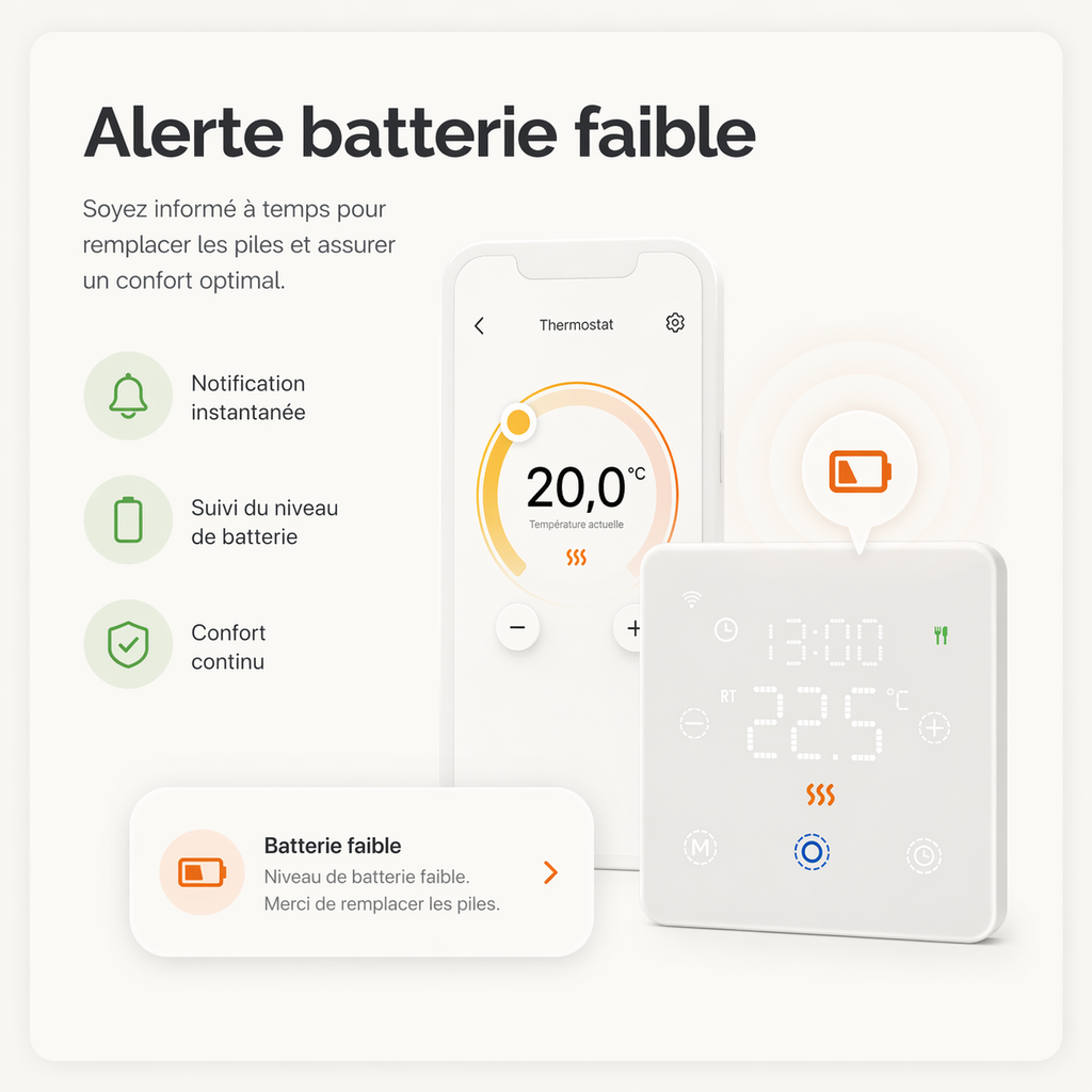 Infographie Neodom montrant l'alerte batterie faible du thermostat sans fil avec application mobile.