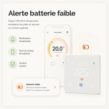 Infographie Neodom montrant l'alerte batterie faible du thermostat sans fil avec application mobile.