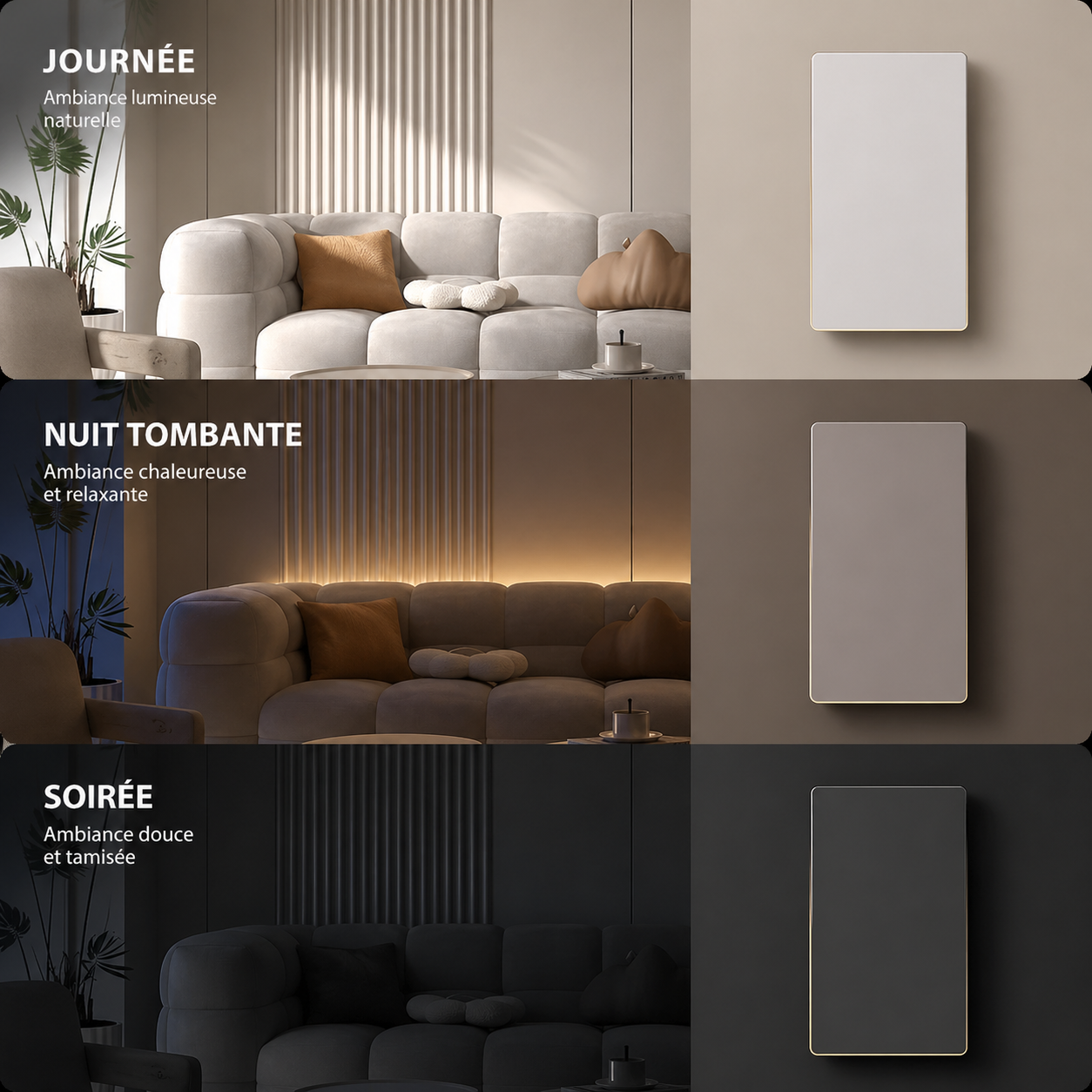 Ambiances lumineuses jour, nuit tombante et soirée NéoSoft Essential.
