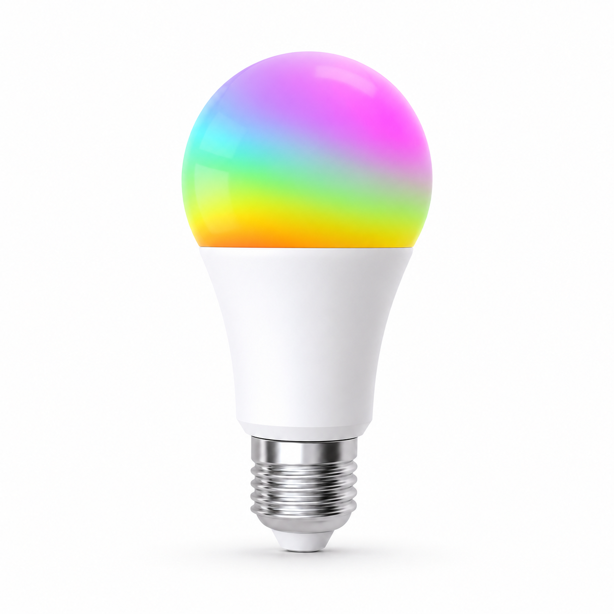 Ampoule connectée Zigbee RGB E27 blanche avec éclairage multicolore sur fond blanc