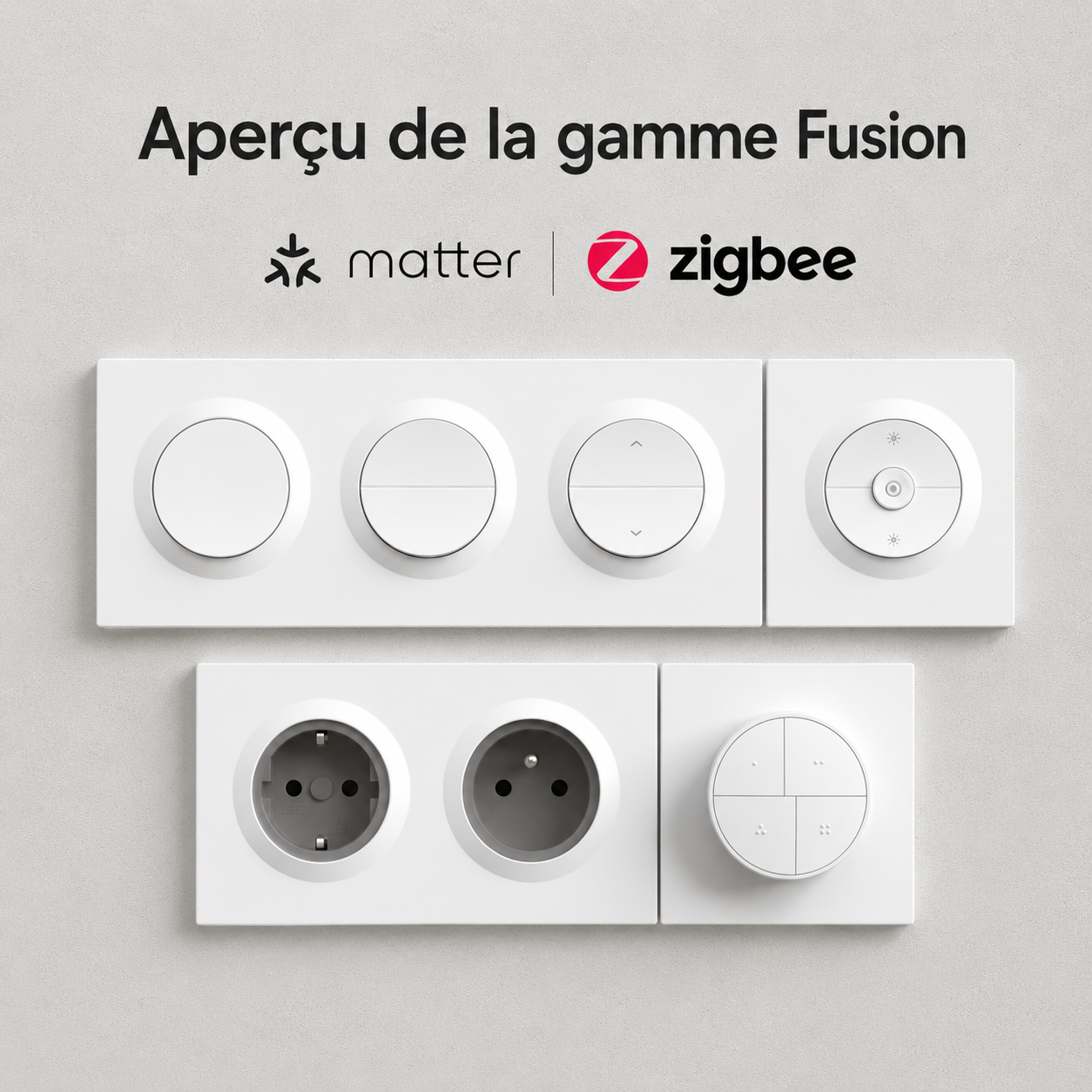 Apercu de la gamme Fusion Neodom avec modules Matter Zigbee interrupteurs prises et variateur.