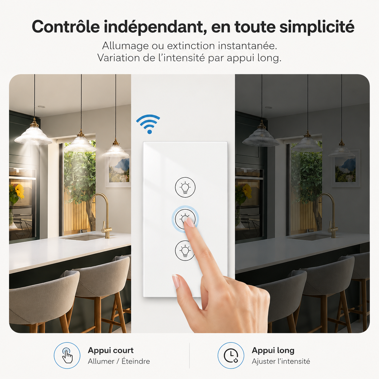 Doigt appuyant sur le NéoMulti Dimmer blanc pour allumer, éteindre ou varier l'intensité lumineuse.
