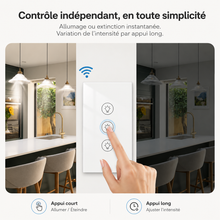 Doigt appuyant sur le NéoMulti Dimmer blanc pour allumer, éteindre ou varier l'intensité lumineuse.