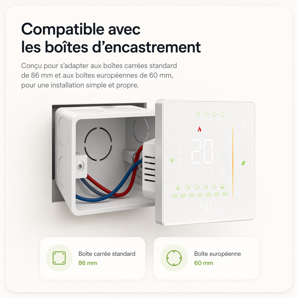NéoStation Comfort blanc présenté avec boîtes d'encastrement carrée 86 mm et européenne 60 mm.