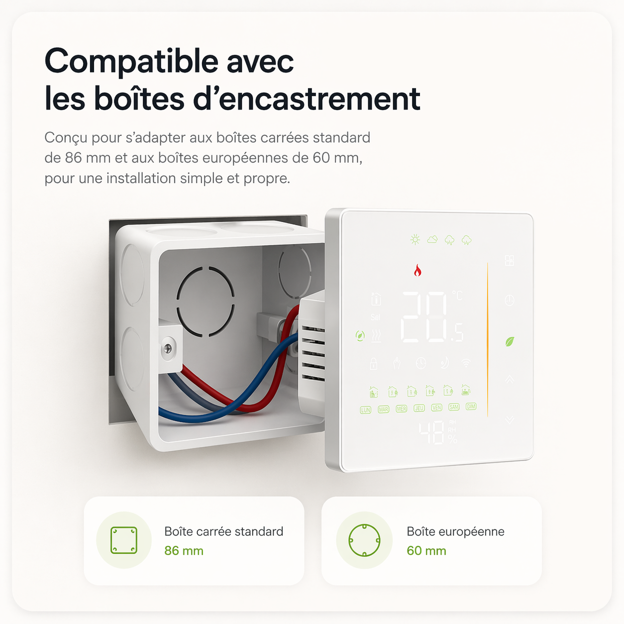 NéoStation Comfort blanc présenté avec boîtes d'encastrement carrée 86 mm et européenne 60 mm.