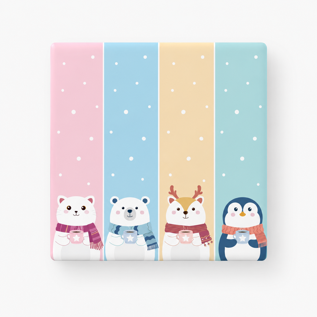 Quatre caches décoratifs pastel NéoDom avec personnages cartoon et motif neige.
