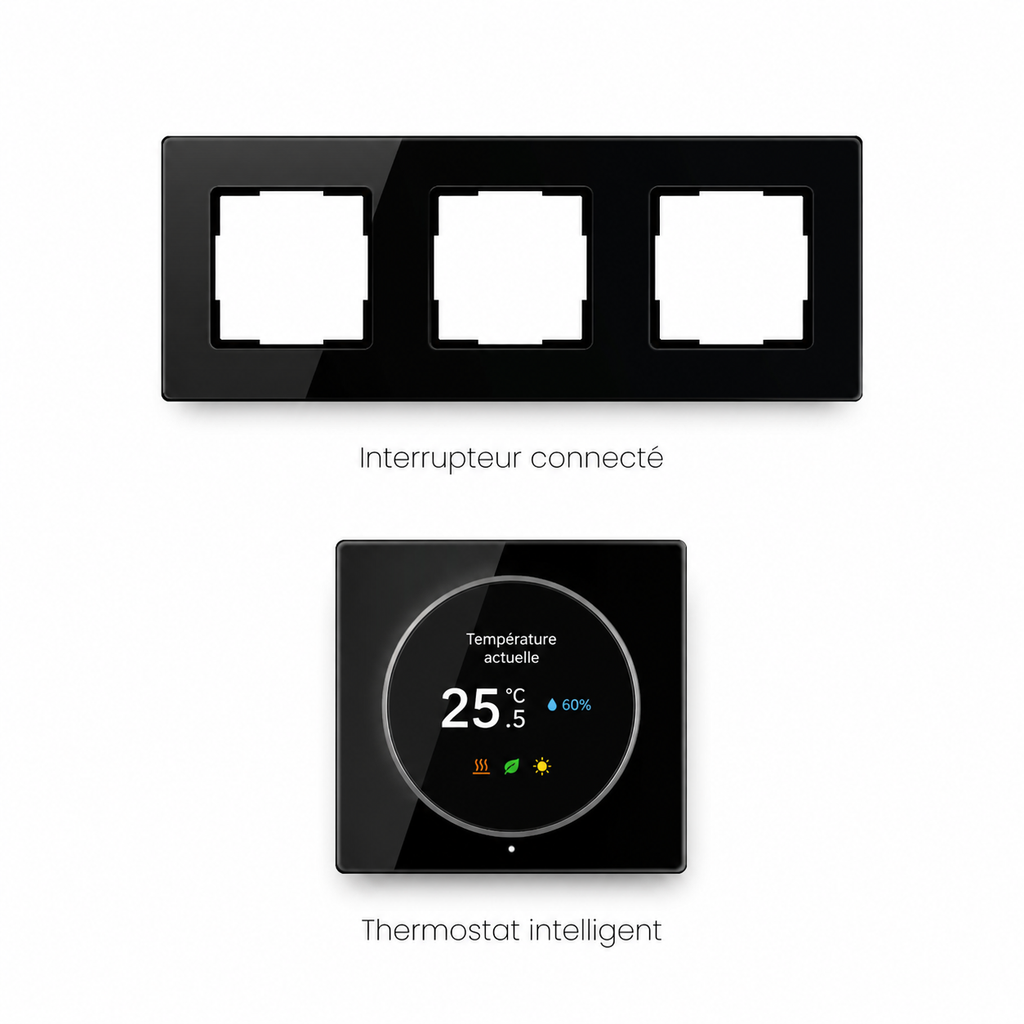 Cadre triple Noir Absolu avec thermostat intelligent NéoGrid Essential.