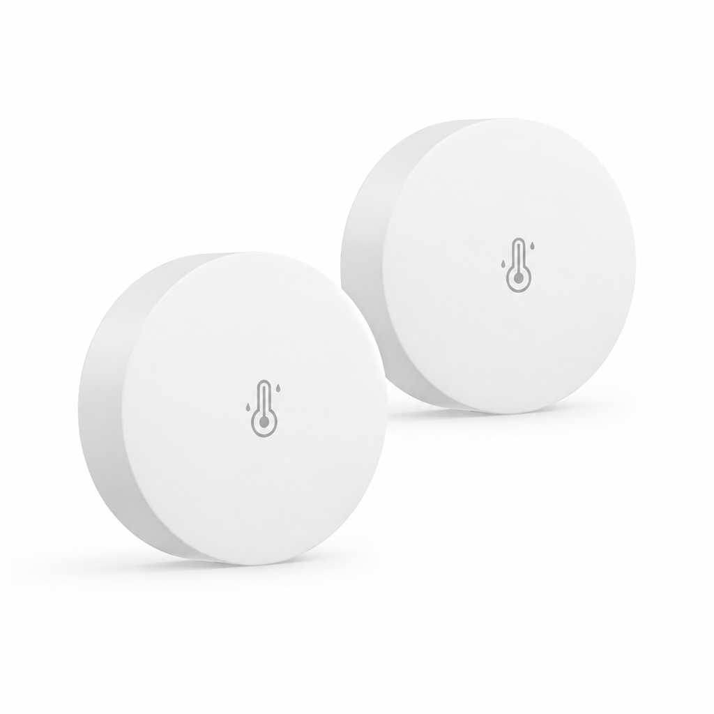 Lot de 2 capteurs Zigbee de température et humidité, design rond blanc sur fond blanc