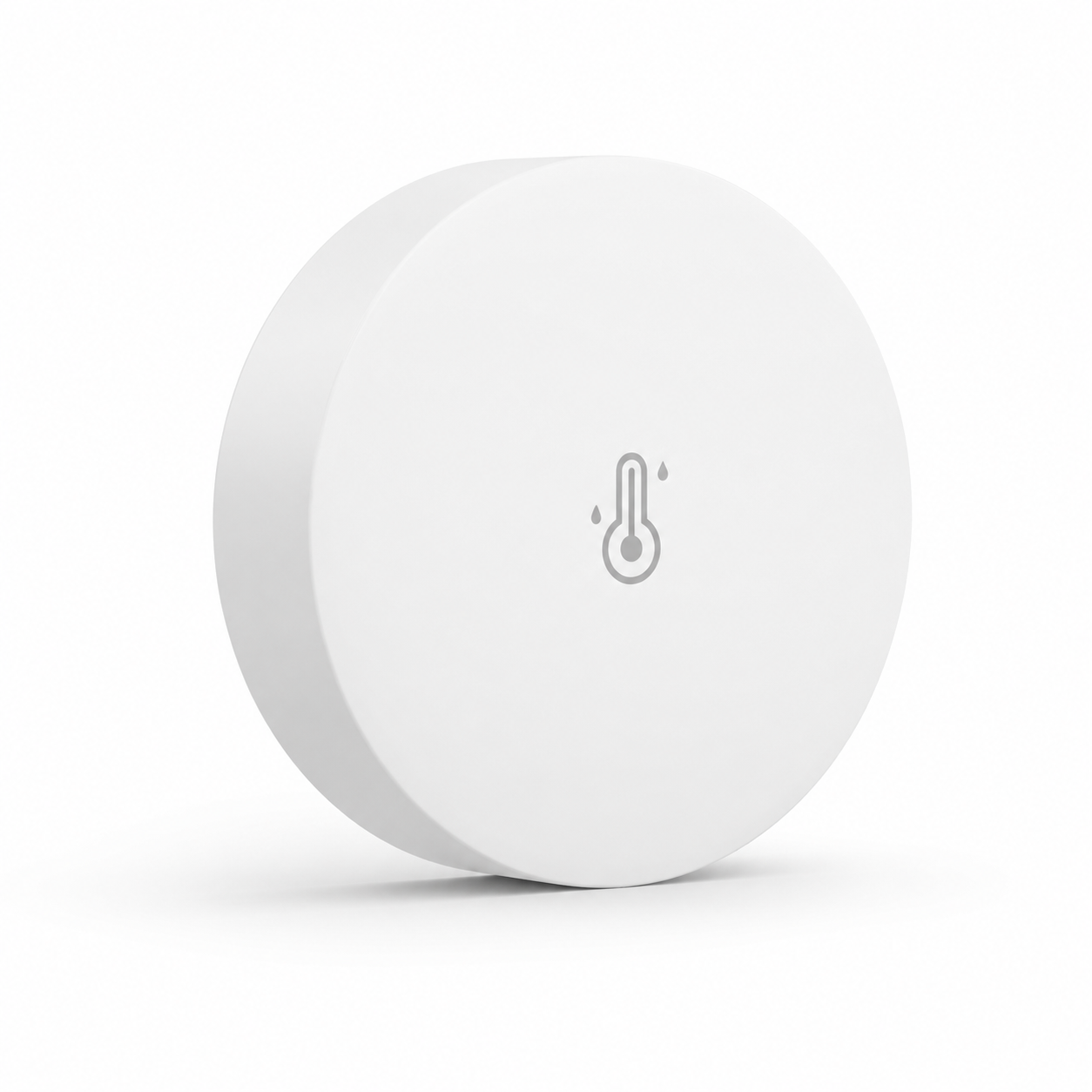 Capteur Zigbee de température et humidité, boîtier rond blanc sur fond blanc
