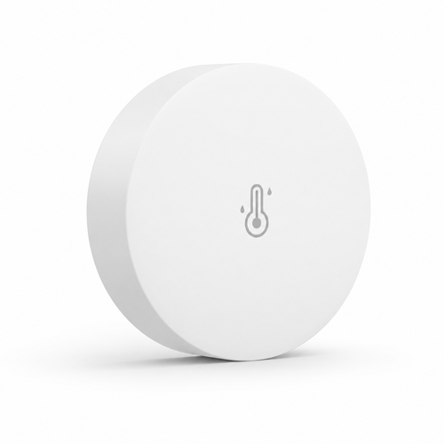 Capteur Zigbee de température et humidité, boîtier rond blanc sur fond blanc