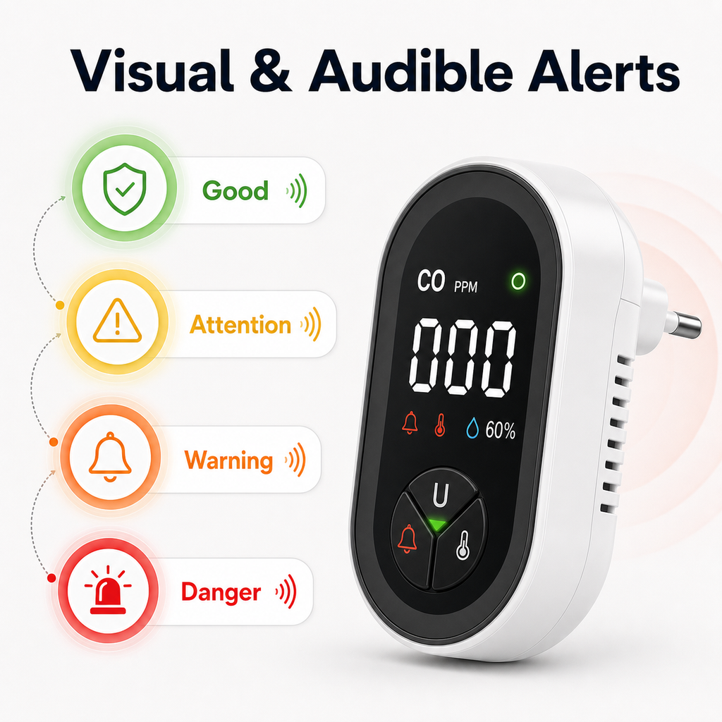 Visual and audible alert levels for plug-in carbon monoxide detector