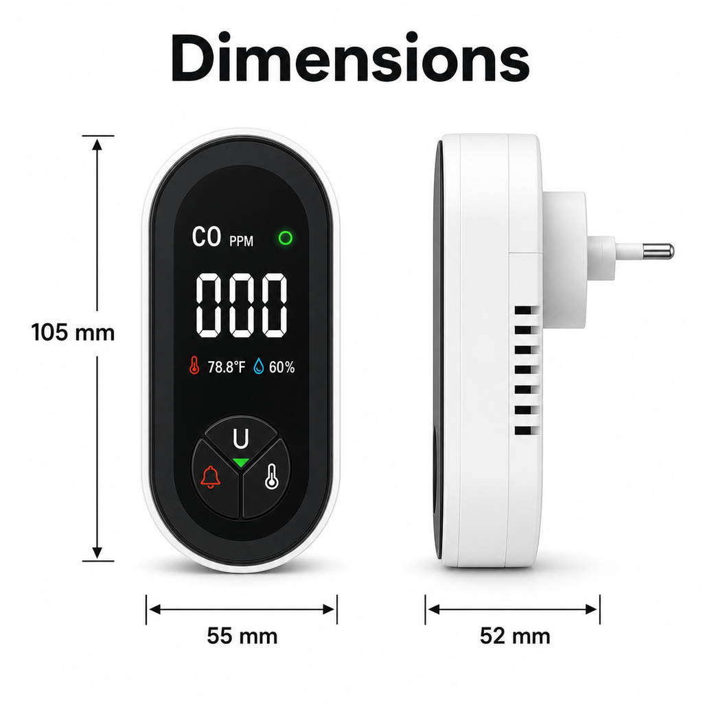 Dimensions of plug-in carbon monoxide detector showing height width and depth
