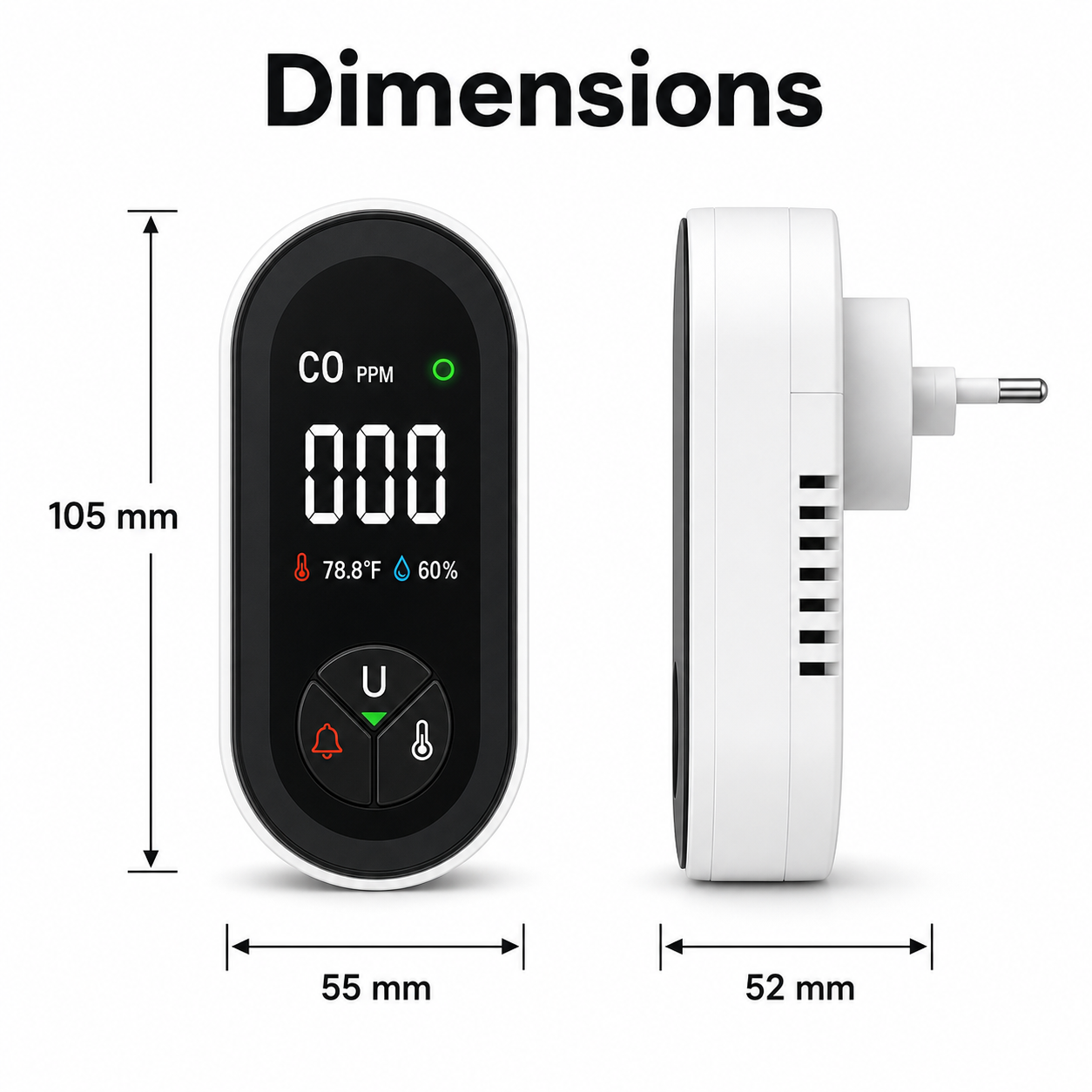Dimensions of plug-in carbon monoxide detector showing height width and depth