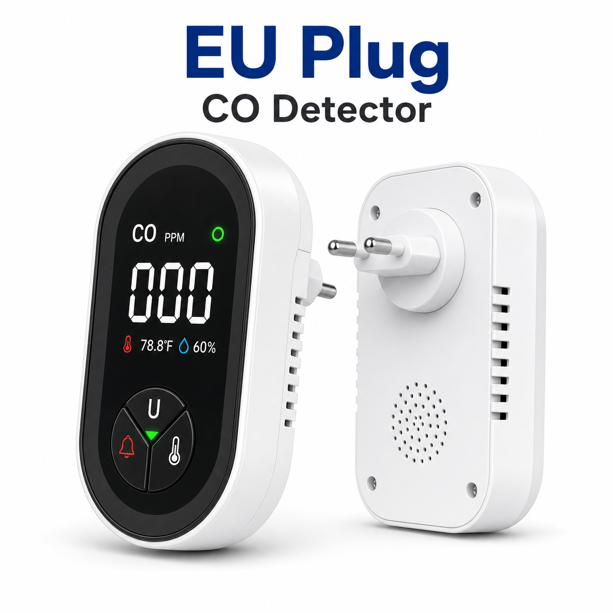 Studio packshot of EU plug carbon monoxide detector