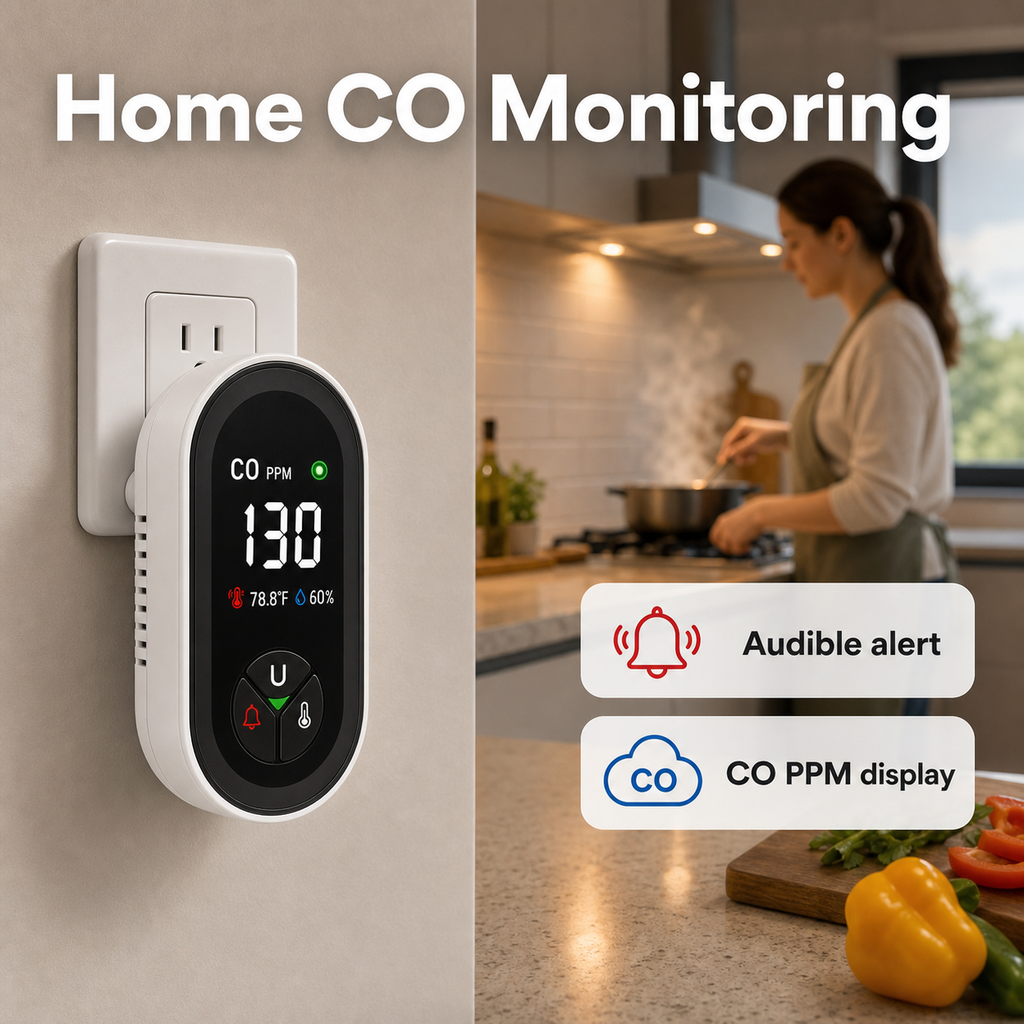 Home CO monitoring scene with plug-in detector in a kitchen