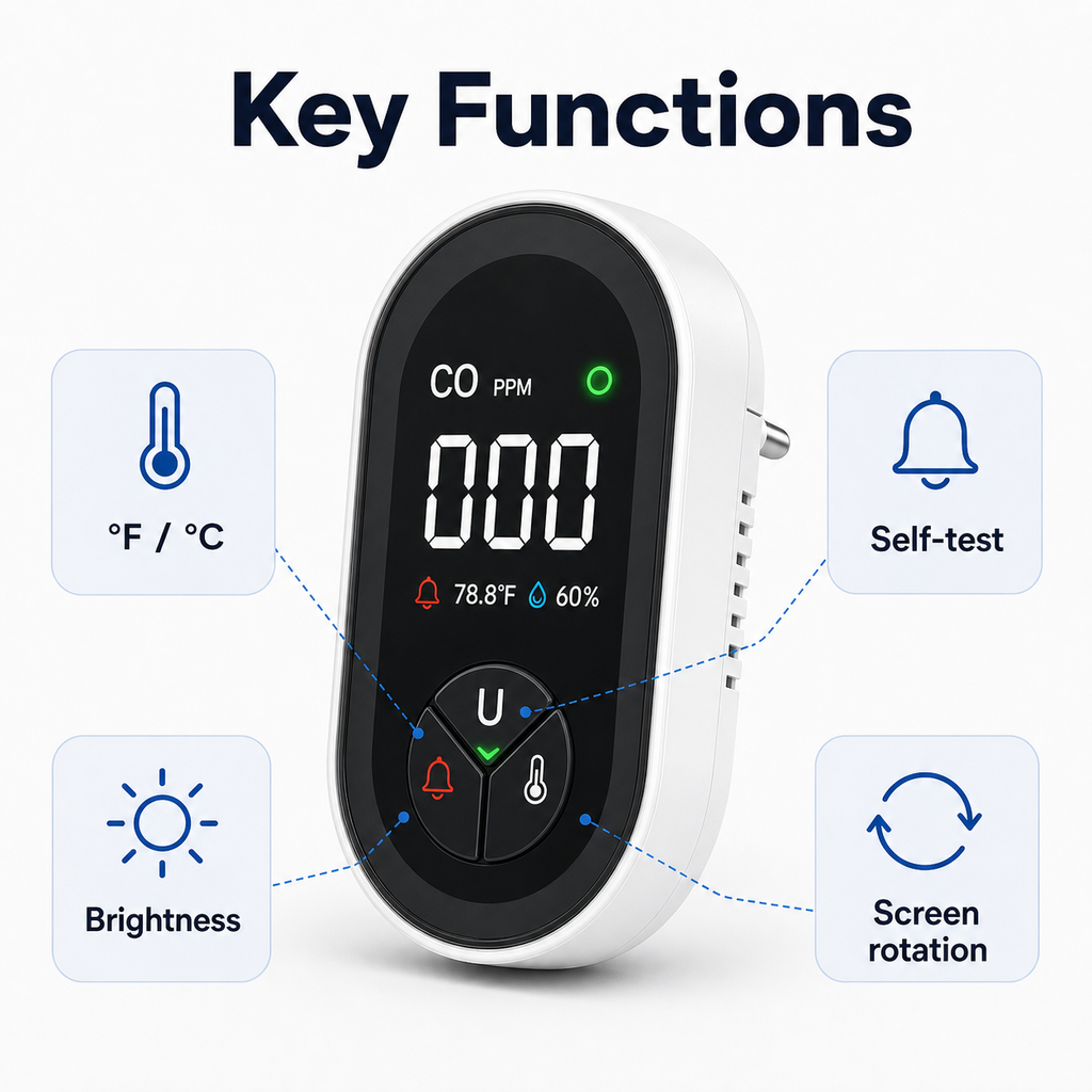 Key functions for CO detector including Celsius Fahrenheit self-test brightness and screen rotation