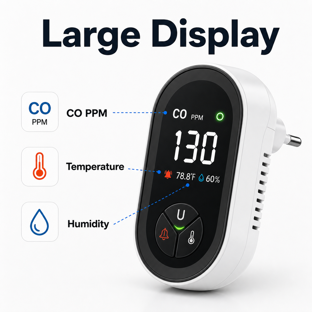 Large display view showing CO PPM temperature and humidity on plug-in detector