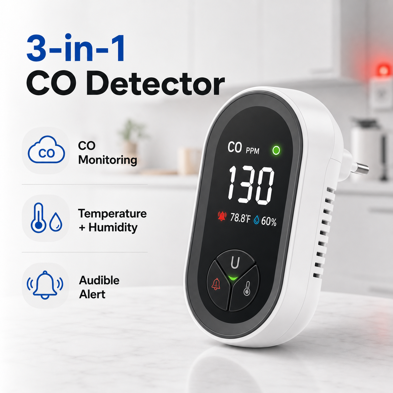 Studio packshot of plug-in 3-in-1 carbon monoxide detector with temperature and humidity display