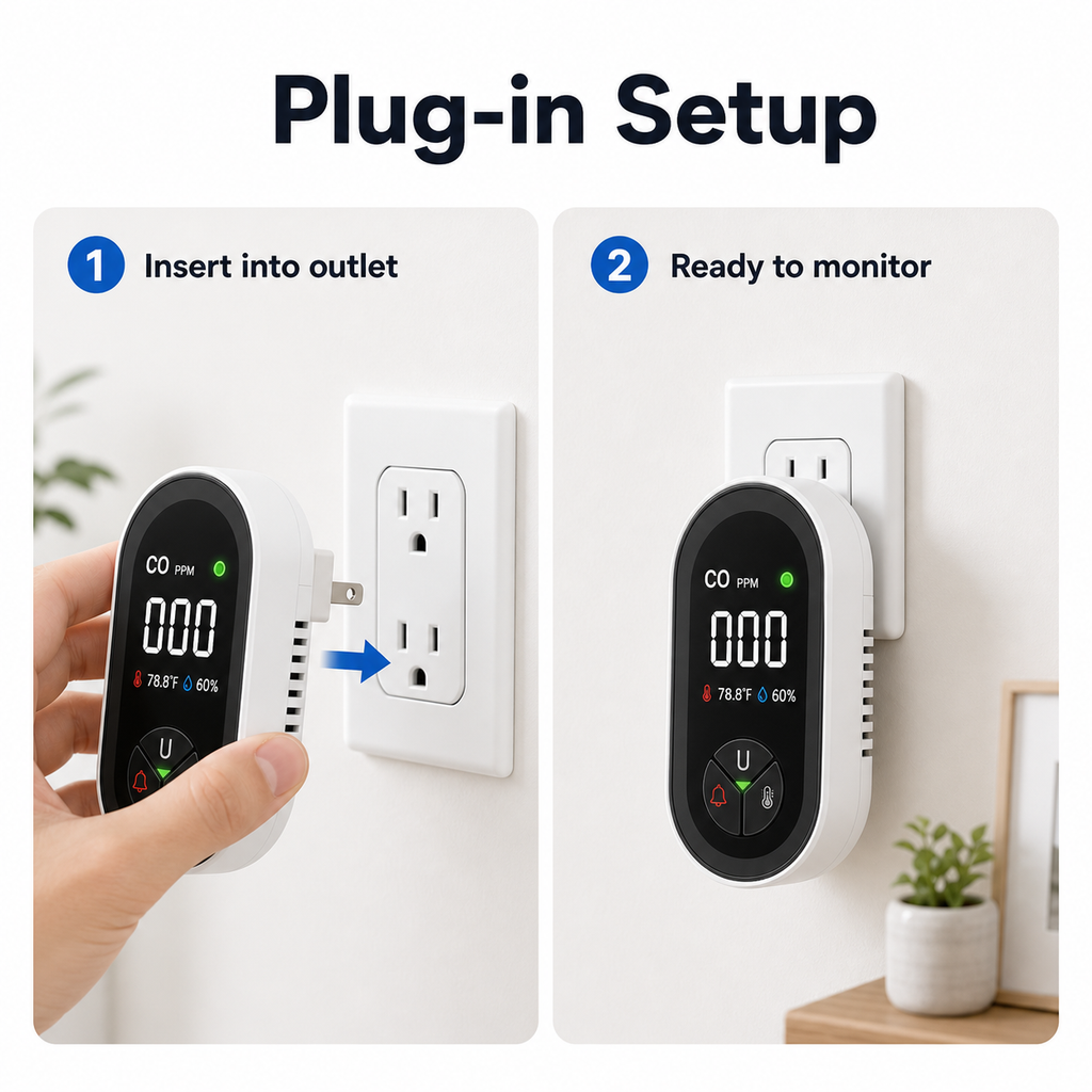 Plug-in setup steps for carbon monoxide detector