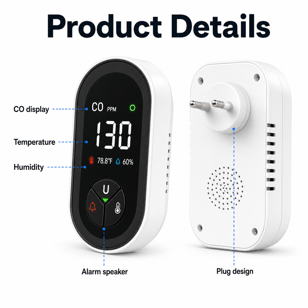 Front and back product details for plug-in carbon monoxide detector