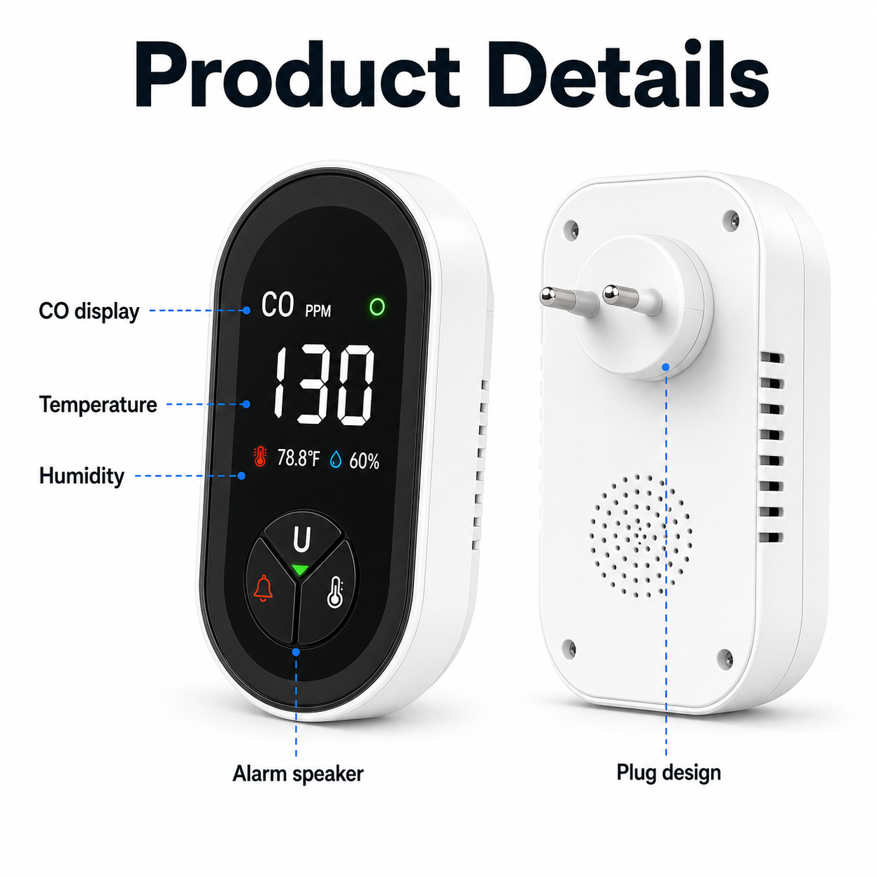 Front and back product details for plug-in carbon monoxide detector