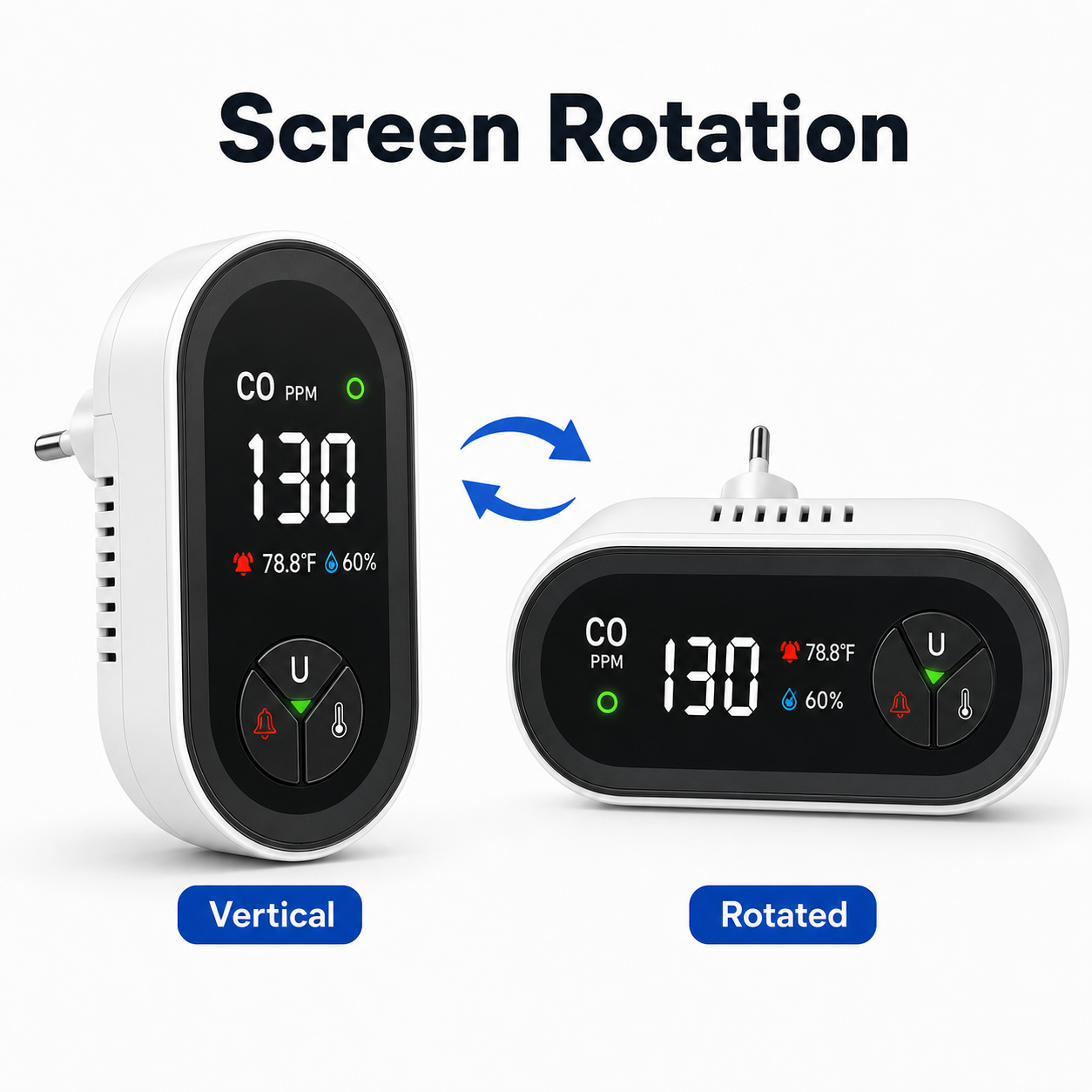Screen rotation feature shown on plug-in carbon monoxide detector