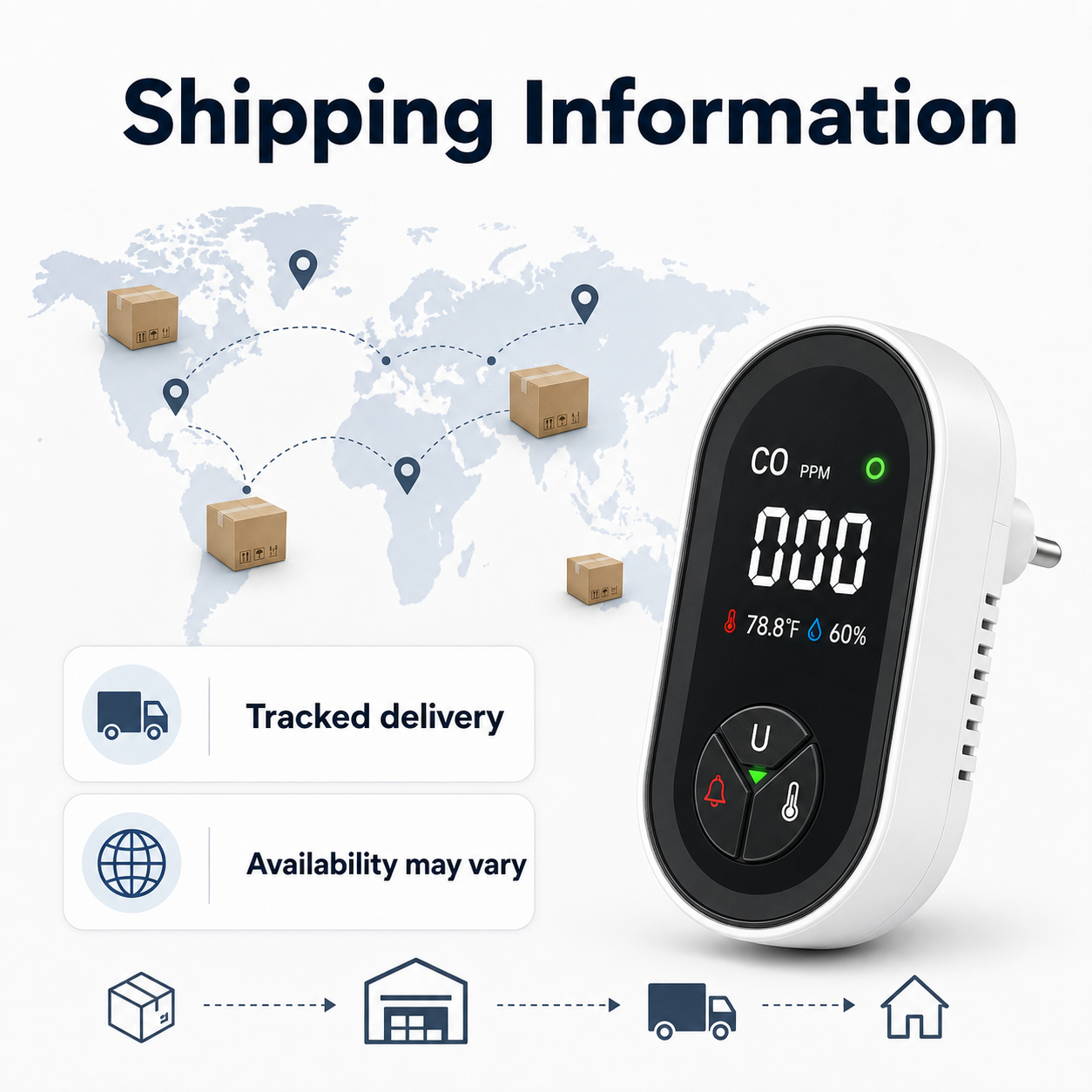 Shipping information card for plug-in carbon monoxide detector