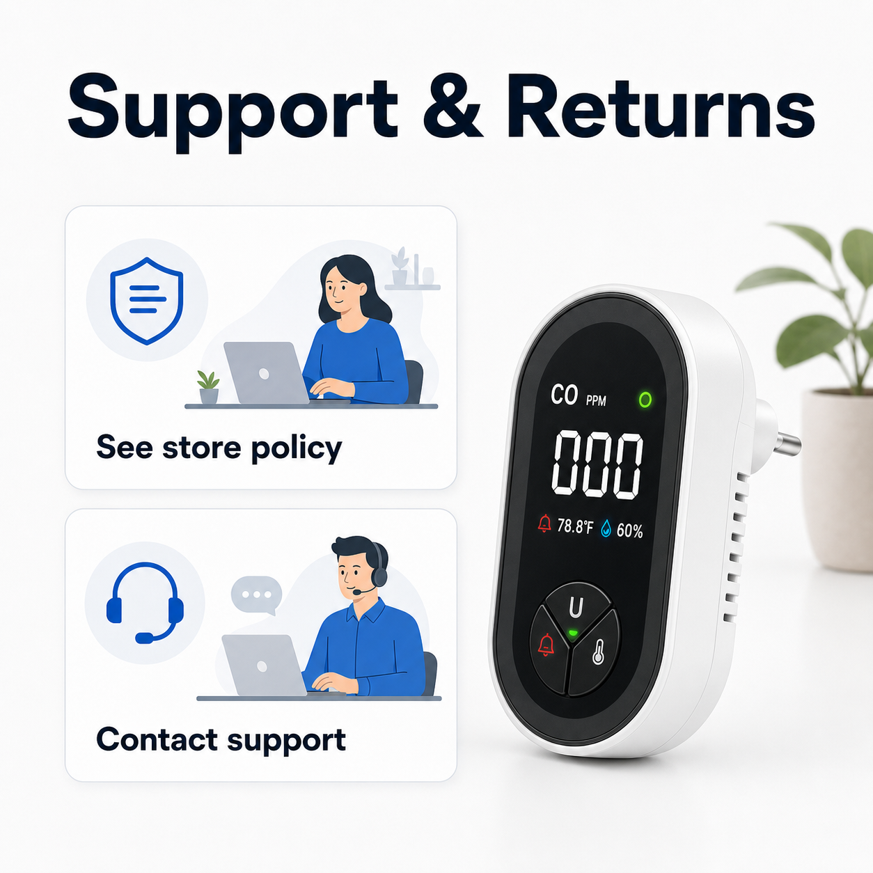 Support and returns information card with plug-in carbon monoxide detector