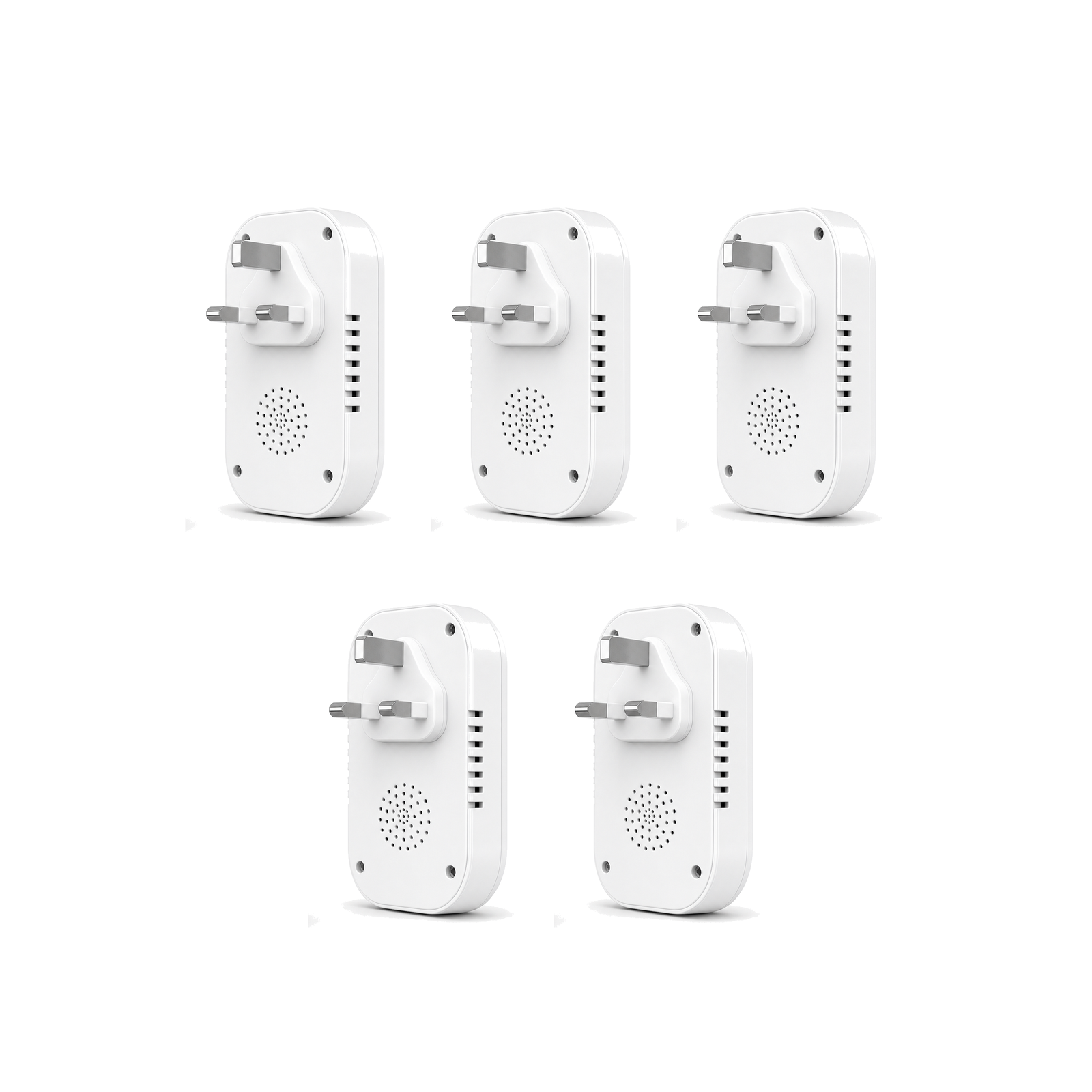 Lot de 5 détecteurs de monoxyde de carbone 3 en 1 avec prise UK sur fond blanc