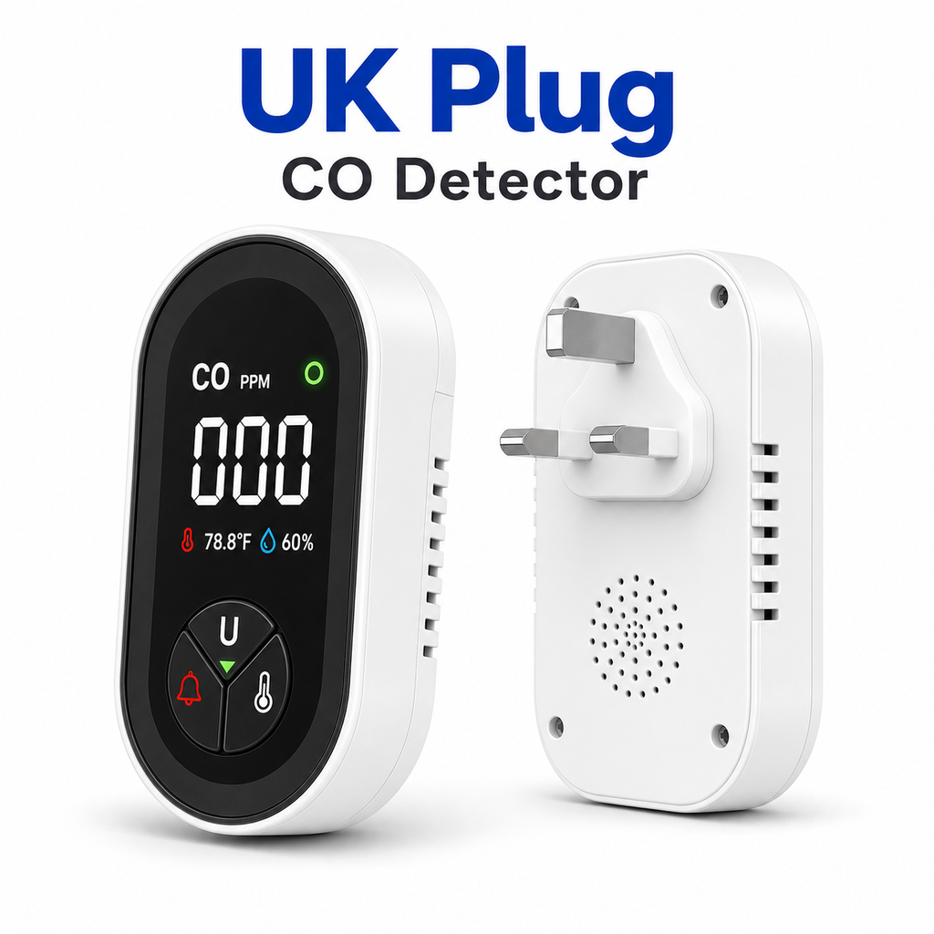 Studio packshot of UK plug carbon monoxide detector