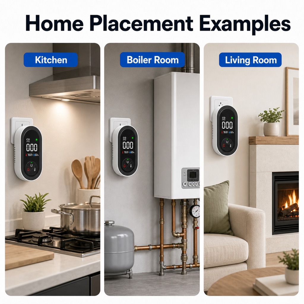 Home placement examples for plug-in carbon monoxide detector in kitchen boiler room and living room