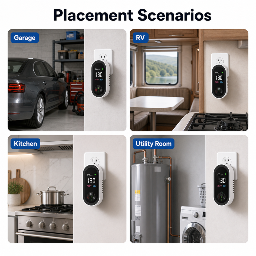 Additional placement scenarios for plug-in carbon monoxide detector in garage RV kitchen and utility room