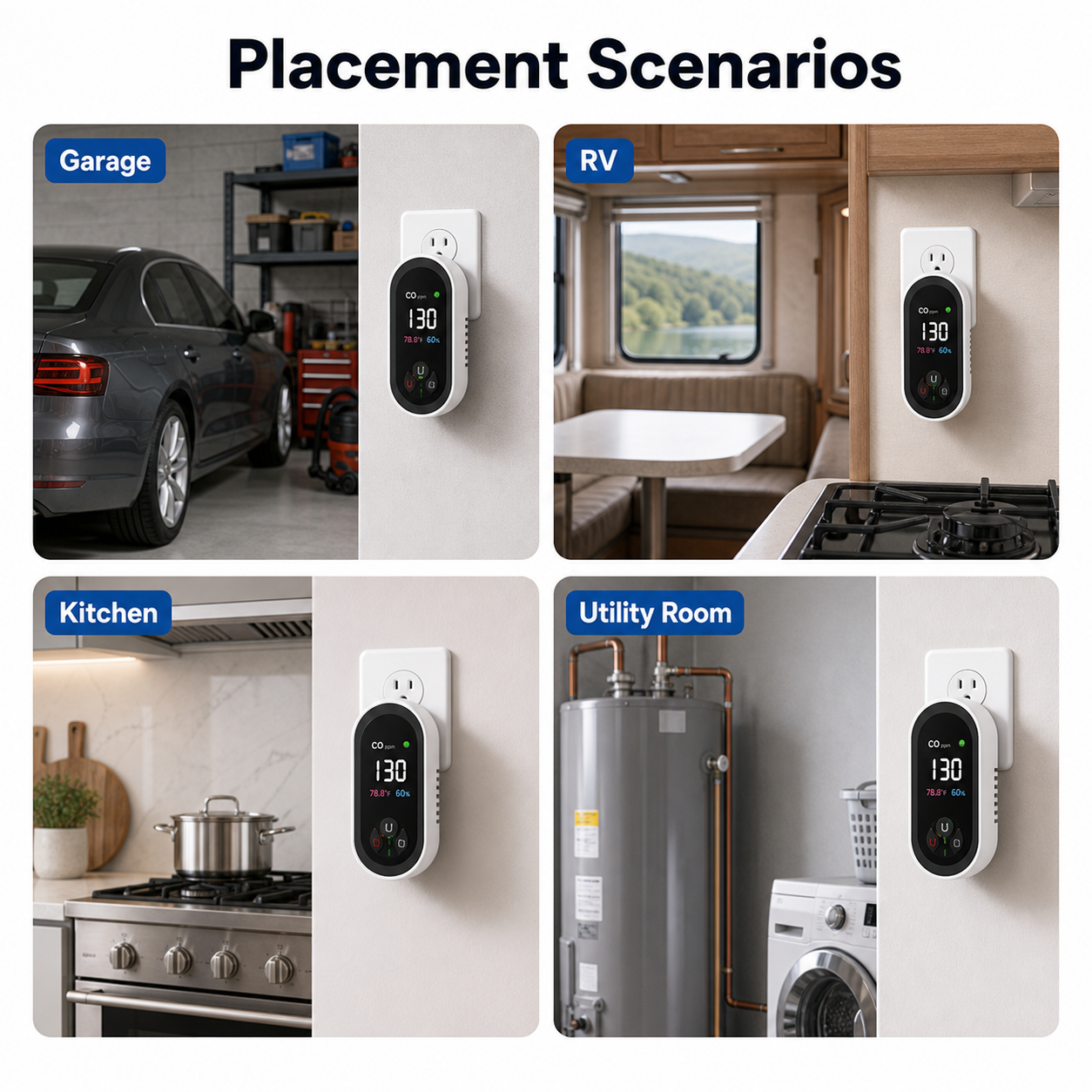 Additional placement scenarios for plug-in carbon monoxide detector in garage RV kitchen and utility room