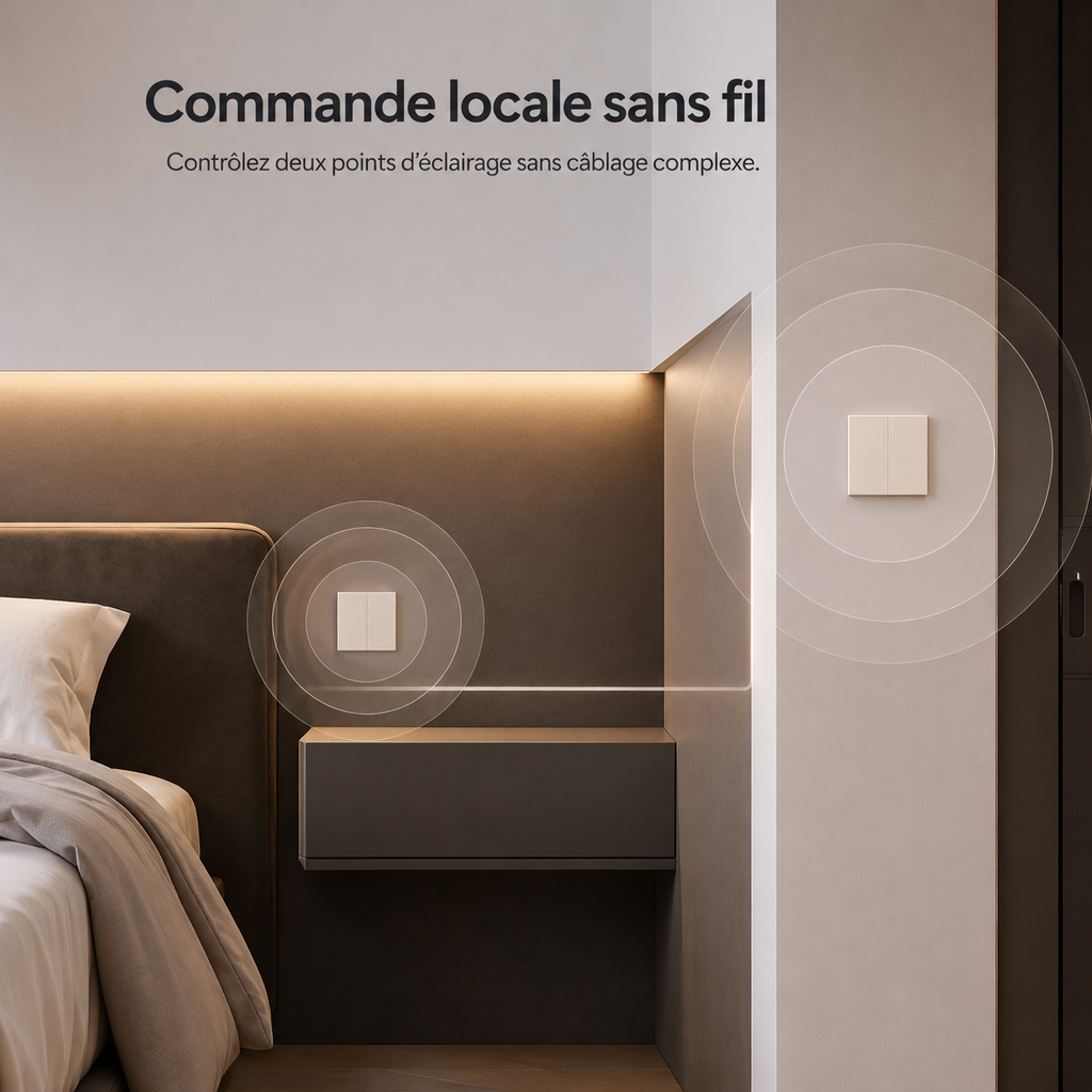 Commande locale sans fil NéoDom pour deux points d’éclairage dans une chambre.