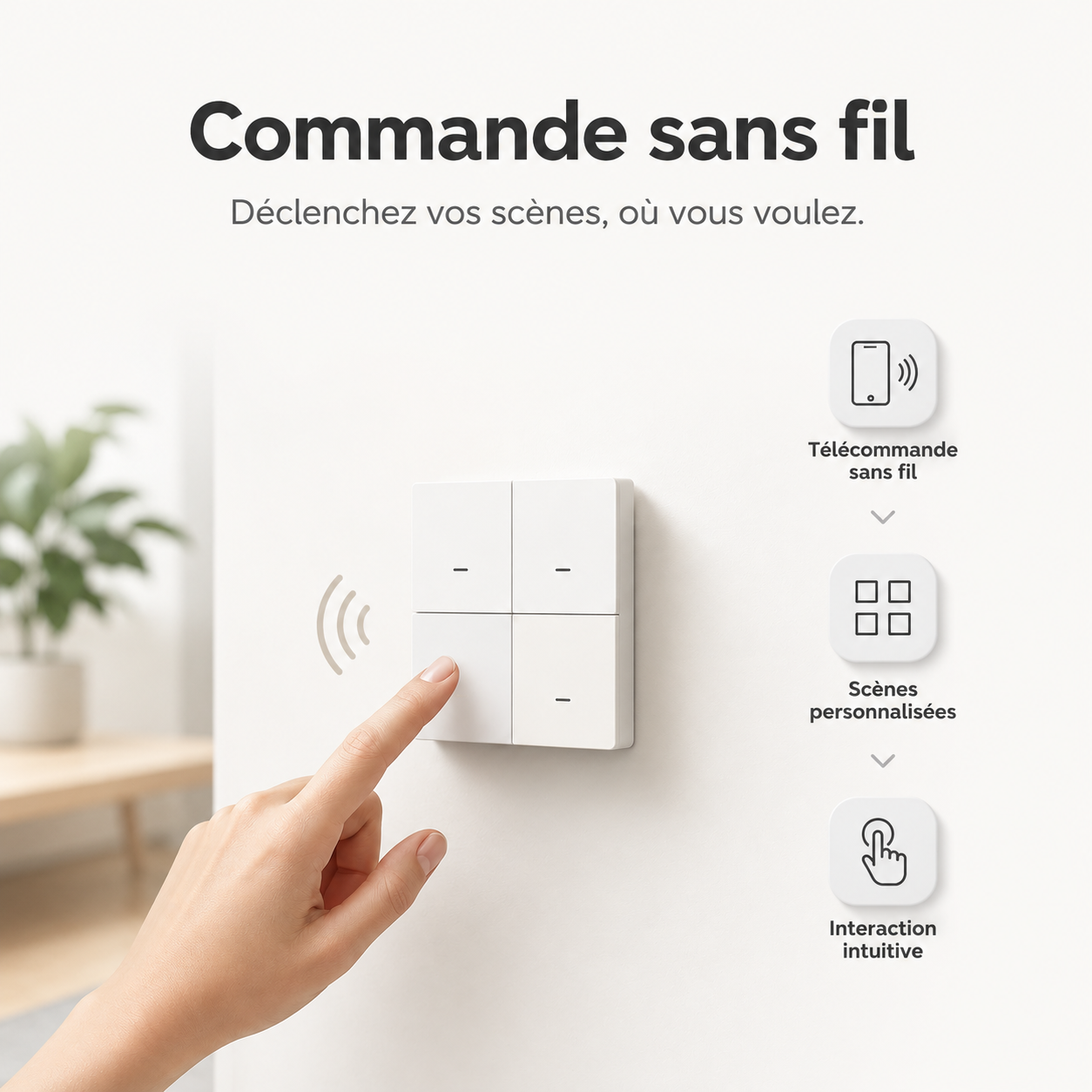 Télécommande murale NéoScene 4 Comfort utilisée pour déclencher des scènes sans fil.