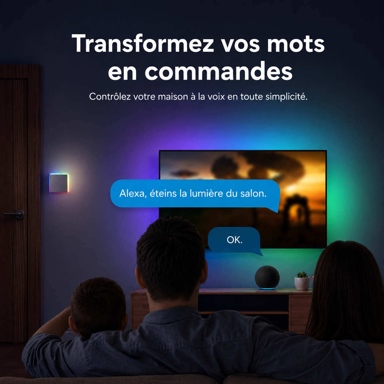 Commande vocale NéoDom pour piloter l’éclairage connecté du salon.