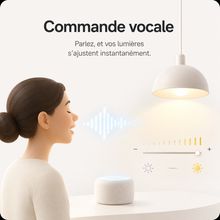 NéoMulti ZigBee Dimmer illustrant la commande vocale pour ajuster instantanément la luminosité.