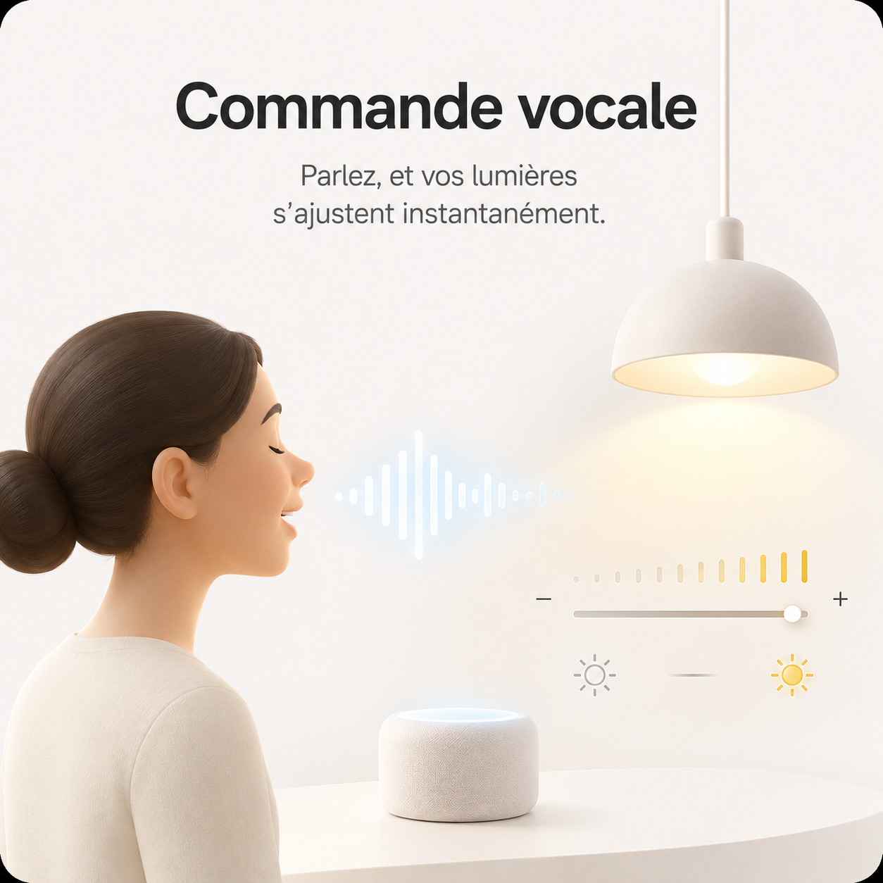 Commande vocale de la luminosité sous une suspension connectée.