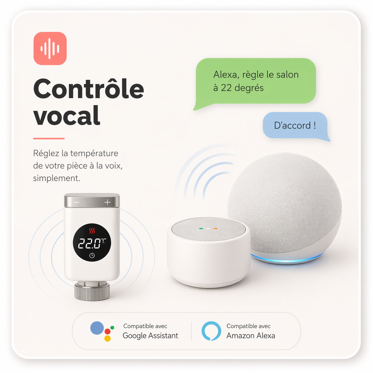 Commande vocale de la température avec tête thermostatique connectée.