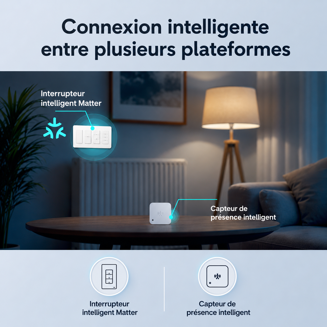 NéoMatter Push Comfort US assurant une connexion intelligente entre plusieurs plateformes domotiques.