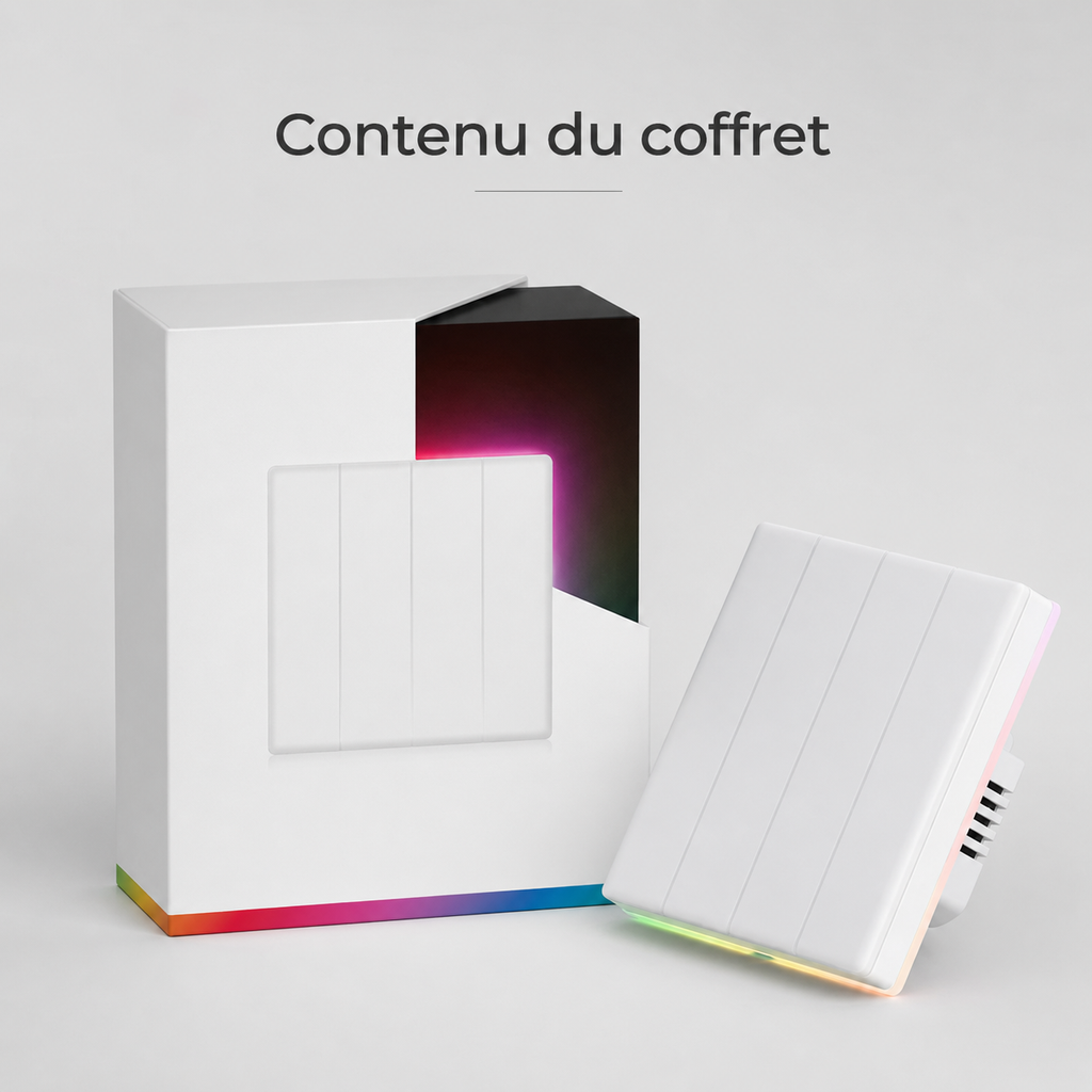 Contenu du coffret NéoDom avec interrupteur blanc et emballage éclairé RGB.