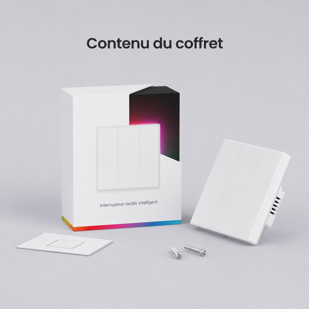 Coffret NéoDom avec interrupteur tactile blanc, guide, vis et emballage.