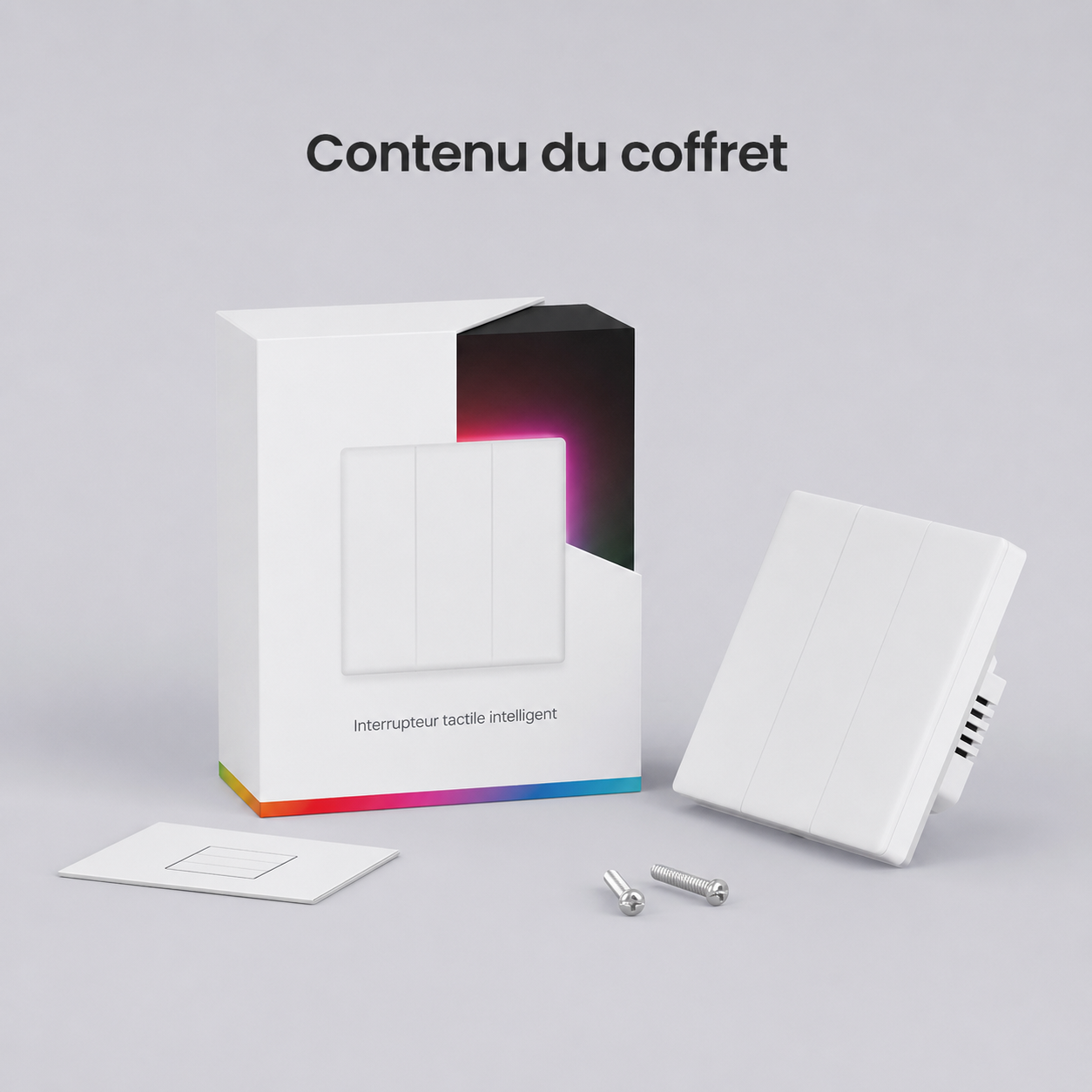 Coffret NéoDom avec interrupteur tactile blanc, guide, vis et emballage.