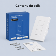 Contenu du colis NéoDom avec interrupteur mural connecté trois boutons, boîte, vis et guide.