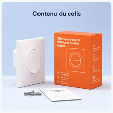 Contenu du colis NéoDom avec interrupteur mural Zigbee double, boîte, vis et guide.