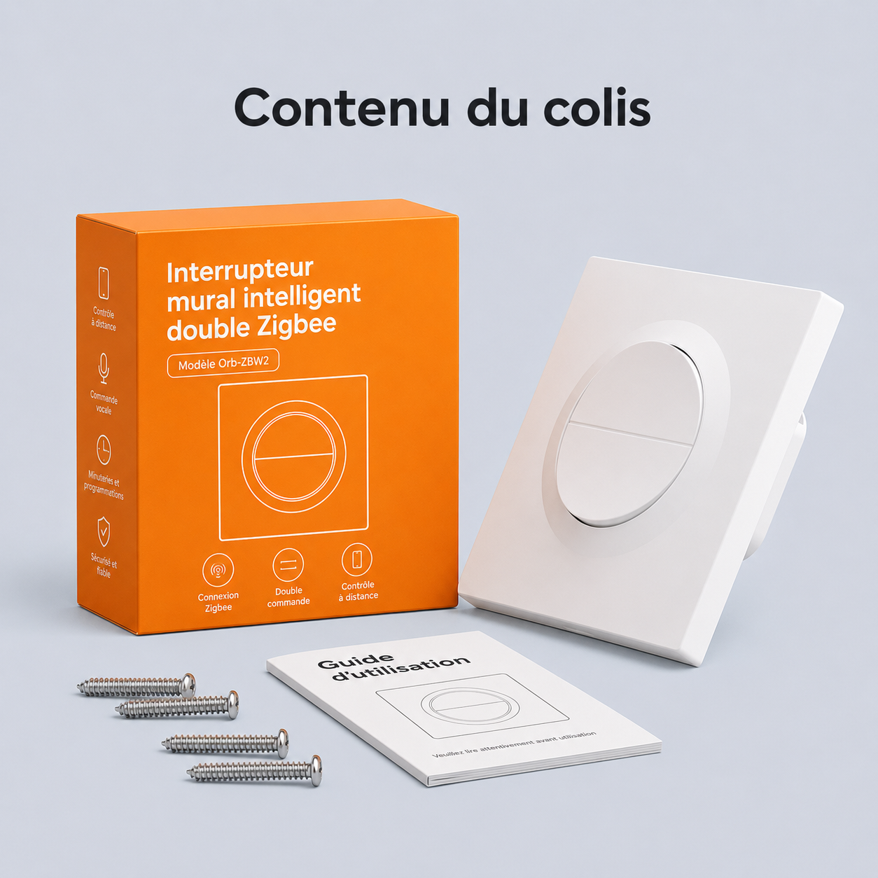 Contenu du colis Neodom avec interrupteur Zigbee double rond blanc, boite, vis et guide.