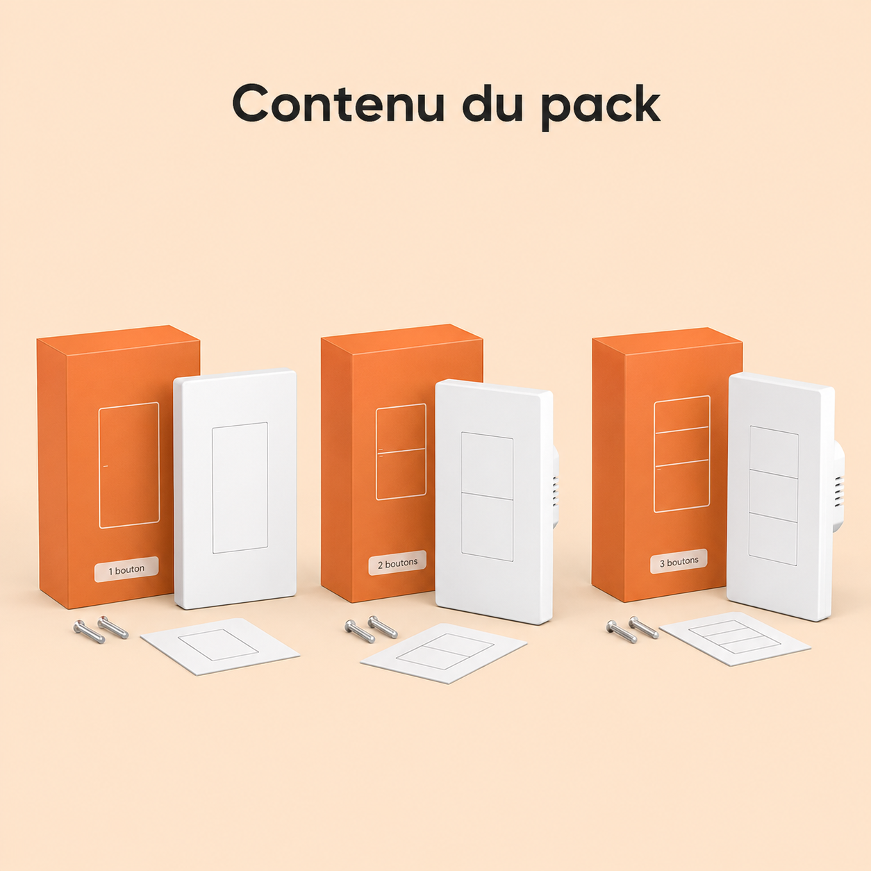 Contenu du pack Neodom avec interrupteurs Zigbee blancs 1 2 et 3 boutons.