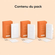 Contenu du pack Neodom avec interrupteurs Zigbee blancs 1 2 et 3 boutons.